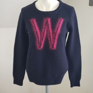 JACK WILLS Sweater Merino Wool Navy with Vivid Pink "W" Logo, Womens US 4 UK 8